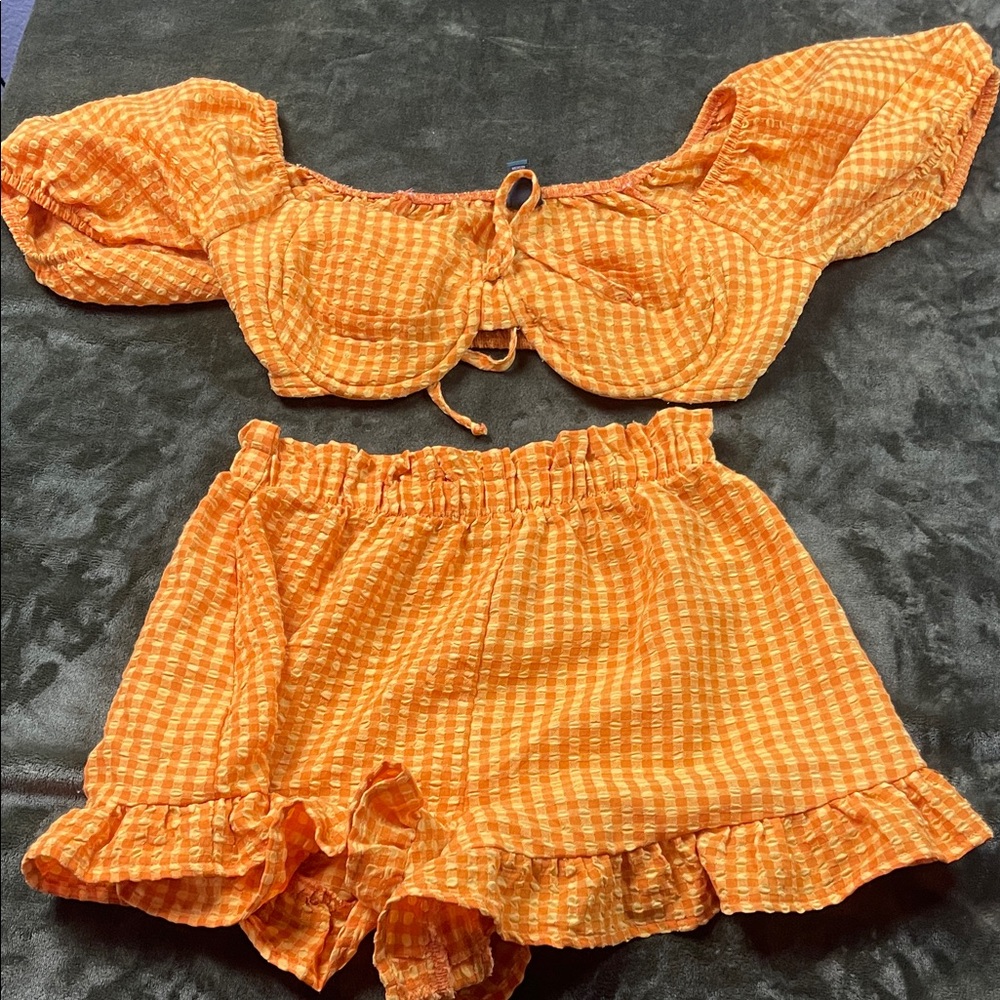 Orange Gingham Off-Shoulder Top and Shorts Set